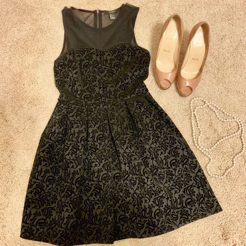 Velvet floral with mesh black dress